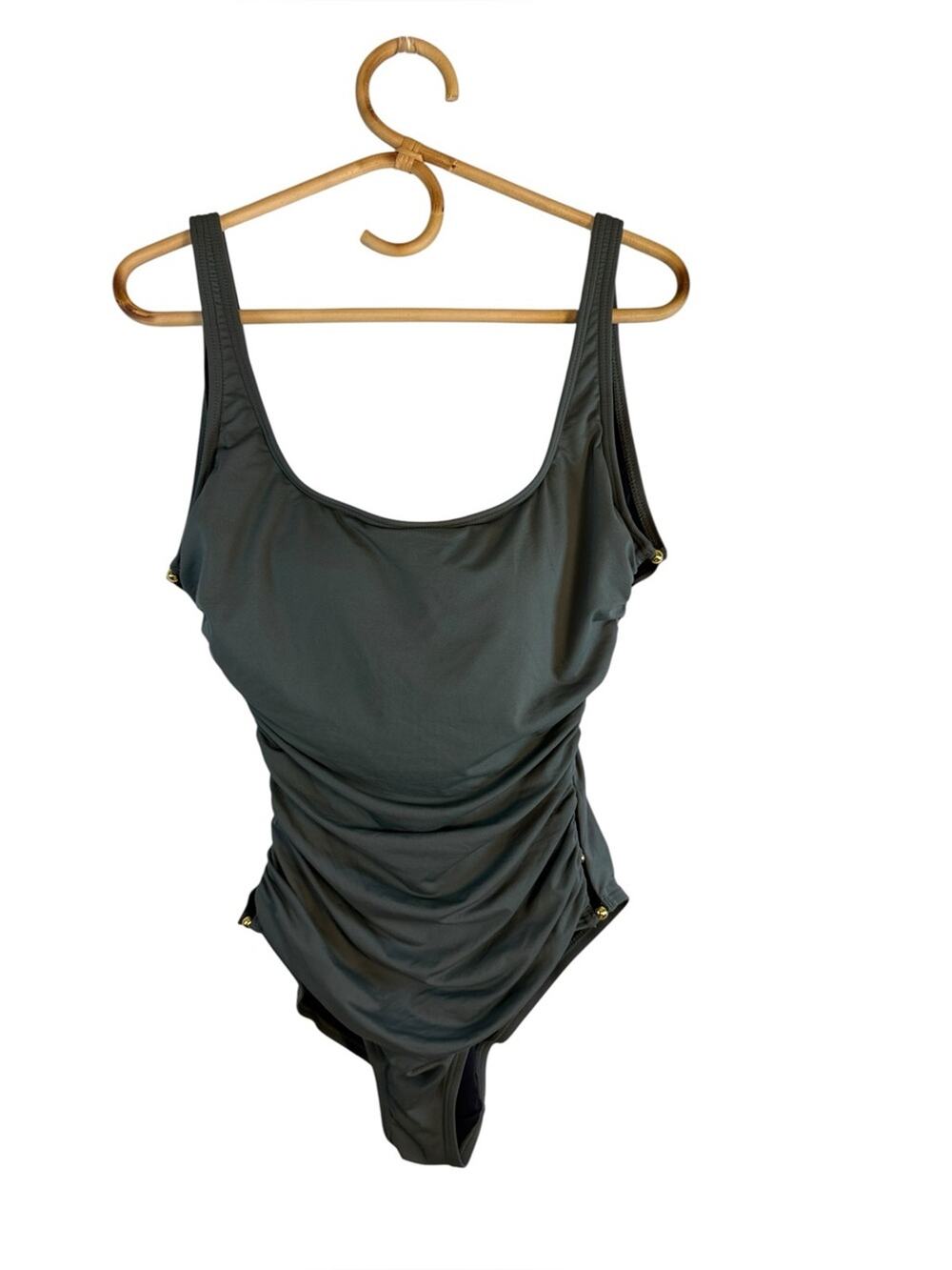 NEW! Carmen Marc Valvo Olive Green Ruched One-Piece Swimsuit size 10